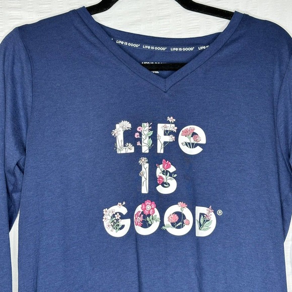 Life Is Good Sleep Shirt Womens Medium Blue NEW Logo Long Sleeve V Neck - Picture 2 of 11